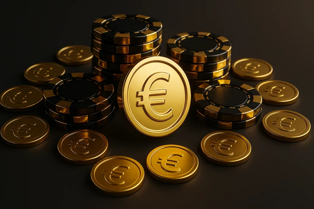 Casino mit Euro Einzahlung - Spieler mit verschiedenen Euro-Münzen und Casinospiele
