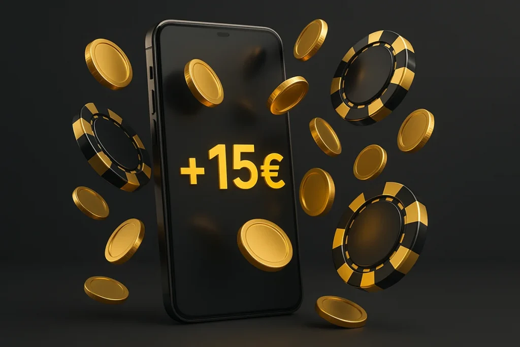 Smartphone mit Casino-App und Geldscheinen auf dem Bildschirm, symbolisiert Handy Casino Echtgeld Bonus ohne Einzahlung